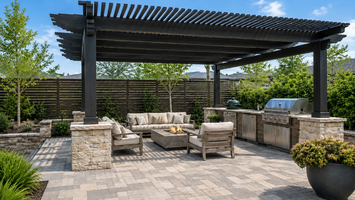 Custom outdoor kitchen with BBQ island under a pergola