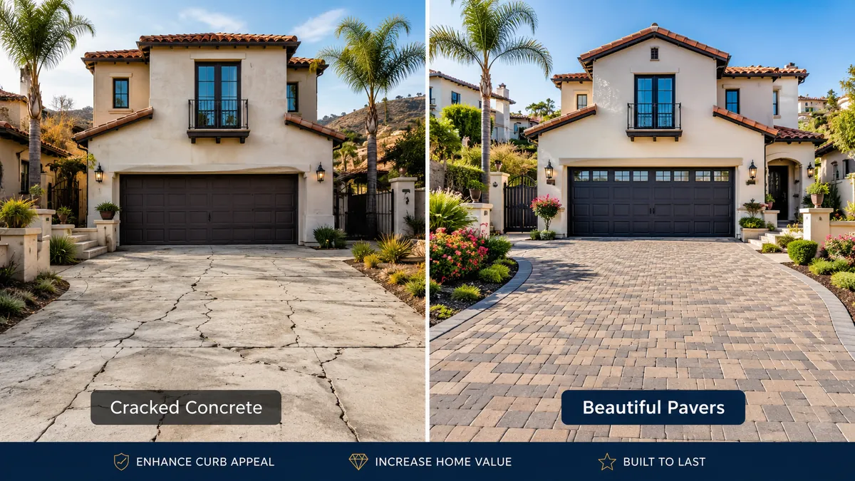 Side-by-side comparison of cracked concrete versus a beautiful paver driveway on the same home