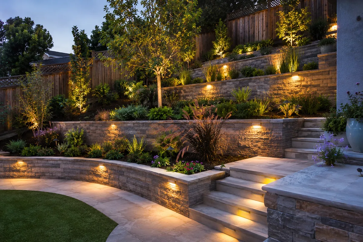 Paver retaining wall in a landscaped yard