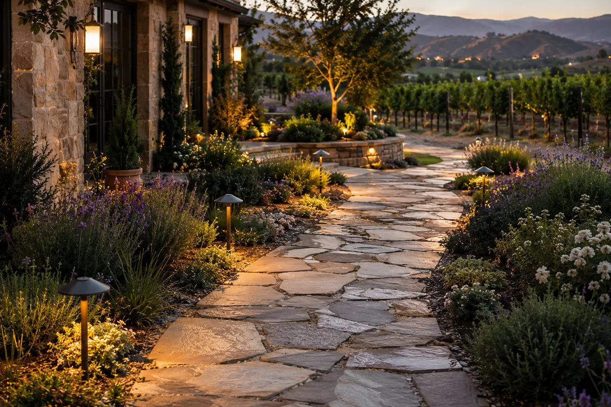 Elegant paver walkway through landscaping